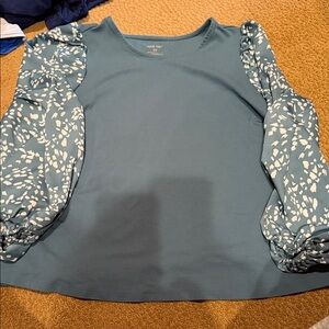 Nine West Teal and White Blouse with Patterned Sleeves